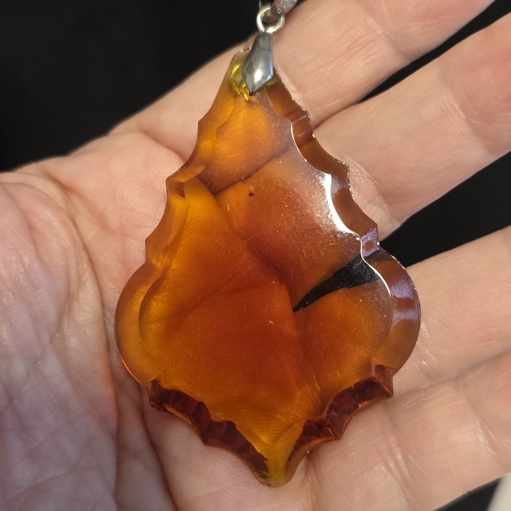 Amber Glass Pendant With Black Ribbon Cord Necklace - Picture 3 of 6